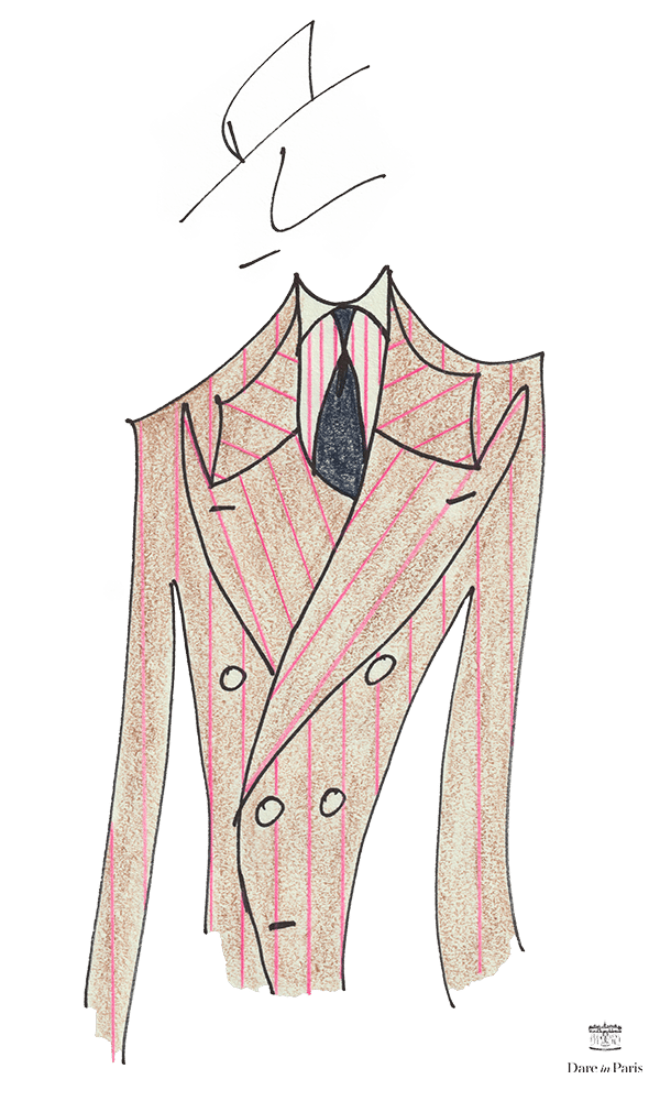 Cravate grenadine de soie portée sur costume croisé marron rayé rose et chemise à rayure rose.