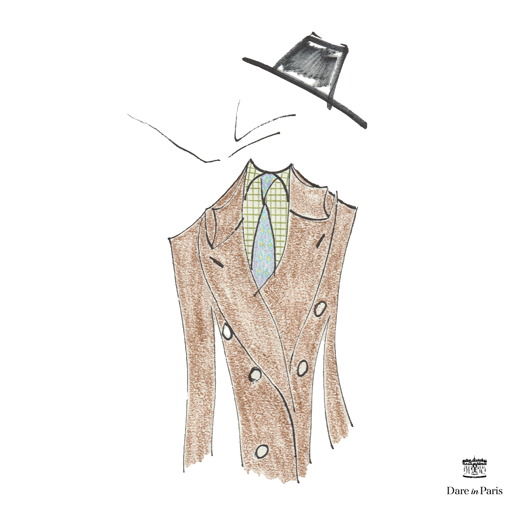 Dessin représentant le modèle de cravate à carreaux bleu, porté avec costume croisé marron