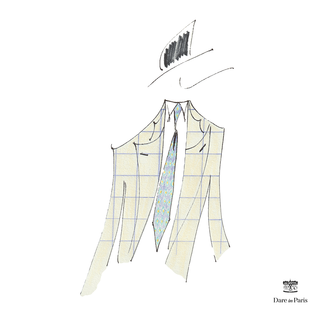 Dessin représentant le modèle de cravate à carreaux bleu, porté avec costume droit écru à carreaux gris