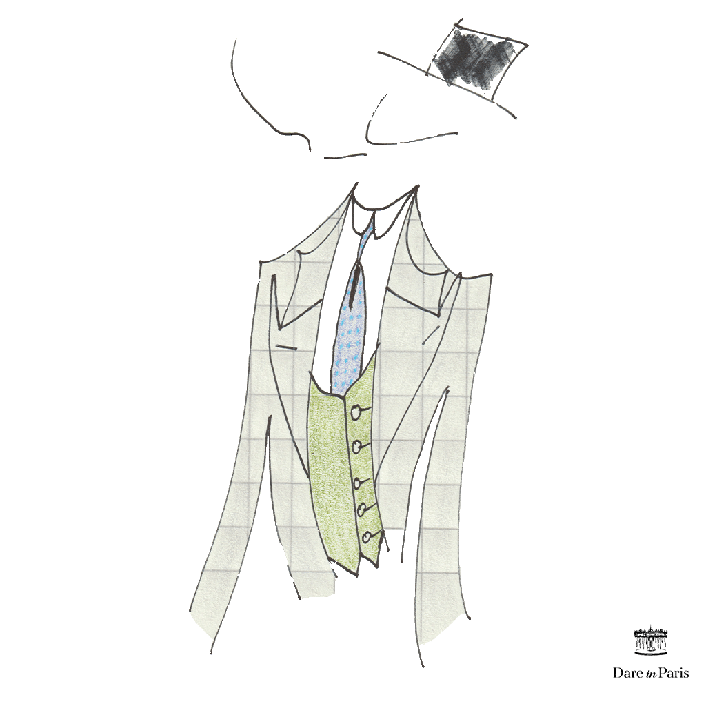 Cravate en soie à motif poids, doublée, costume gris à carreaux gris et gilet vert
