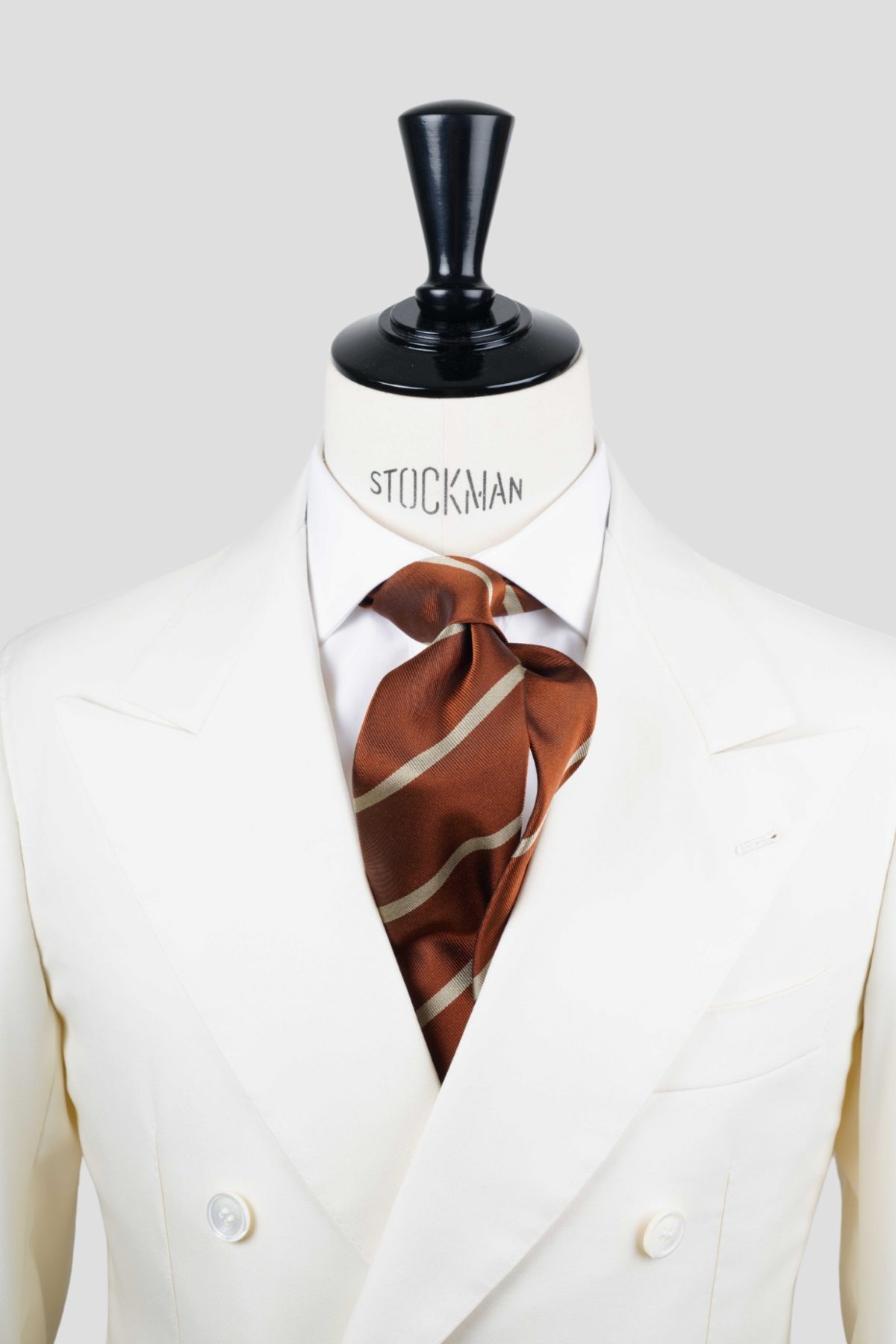 Cravate sartoriale à 3 plis, en soie tissée marron clair, rayure blanche