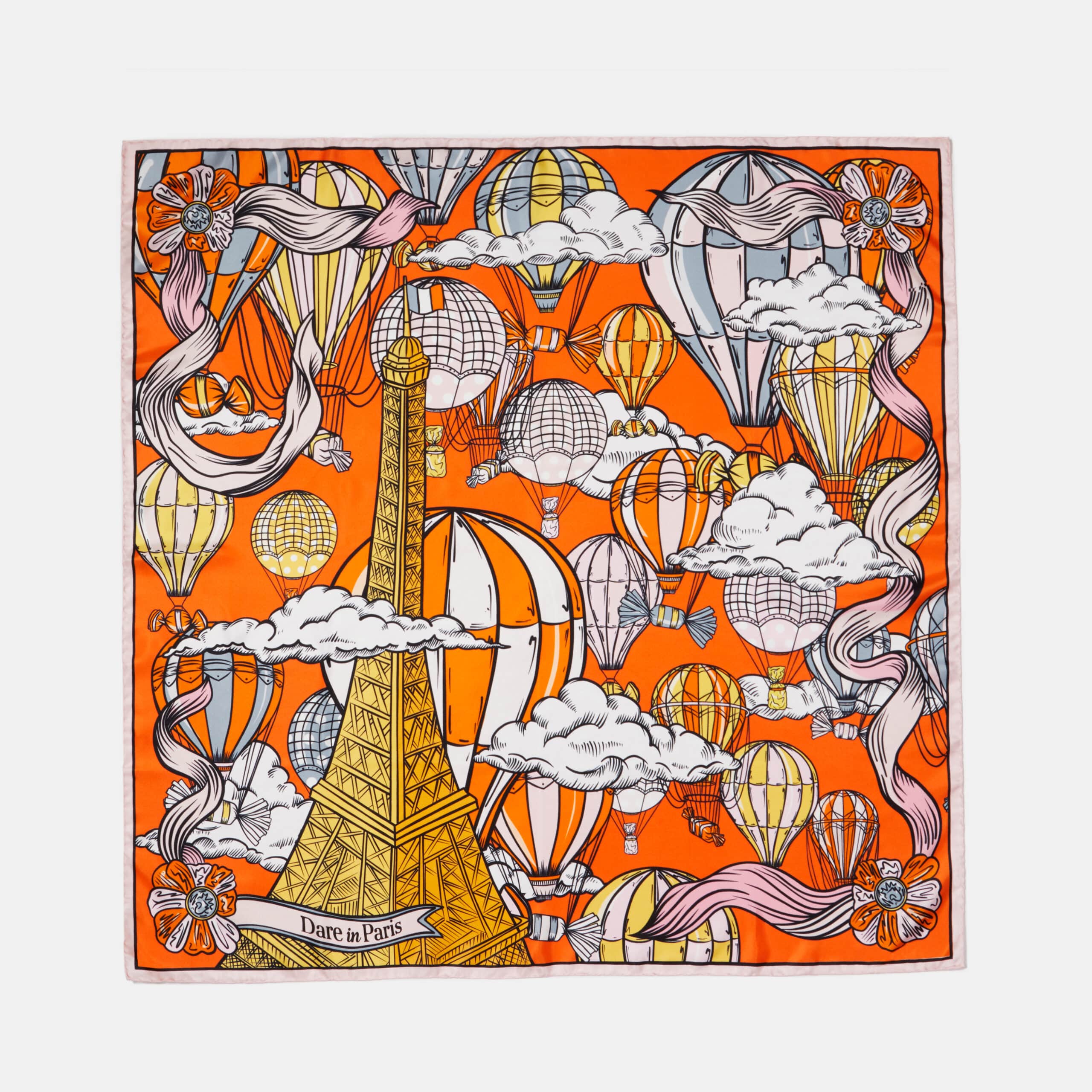 Carré de soie orange, motif l'envol des gourmandises