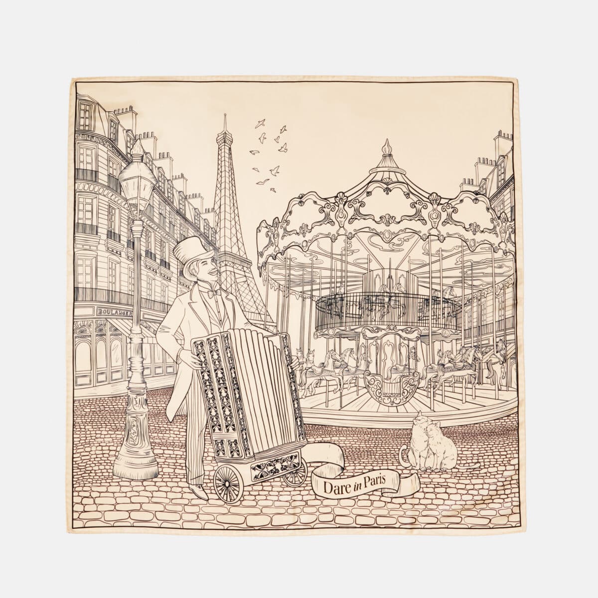 Carré de soie noir et blanc, motif l'orgue du boulevard