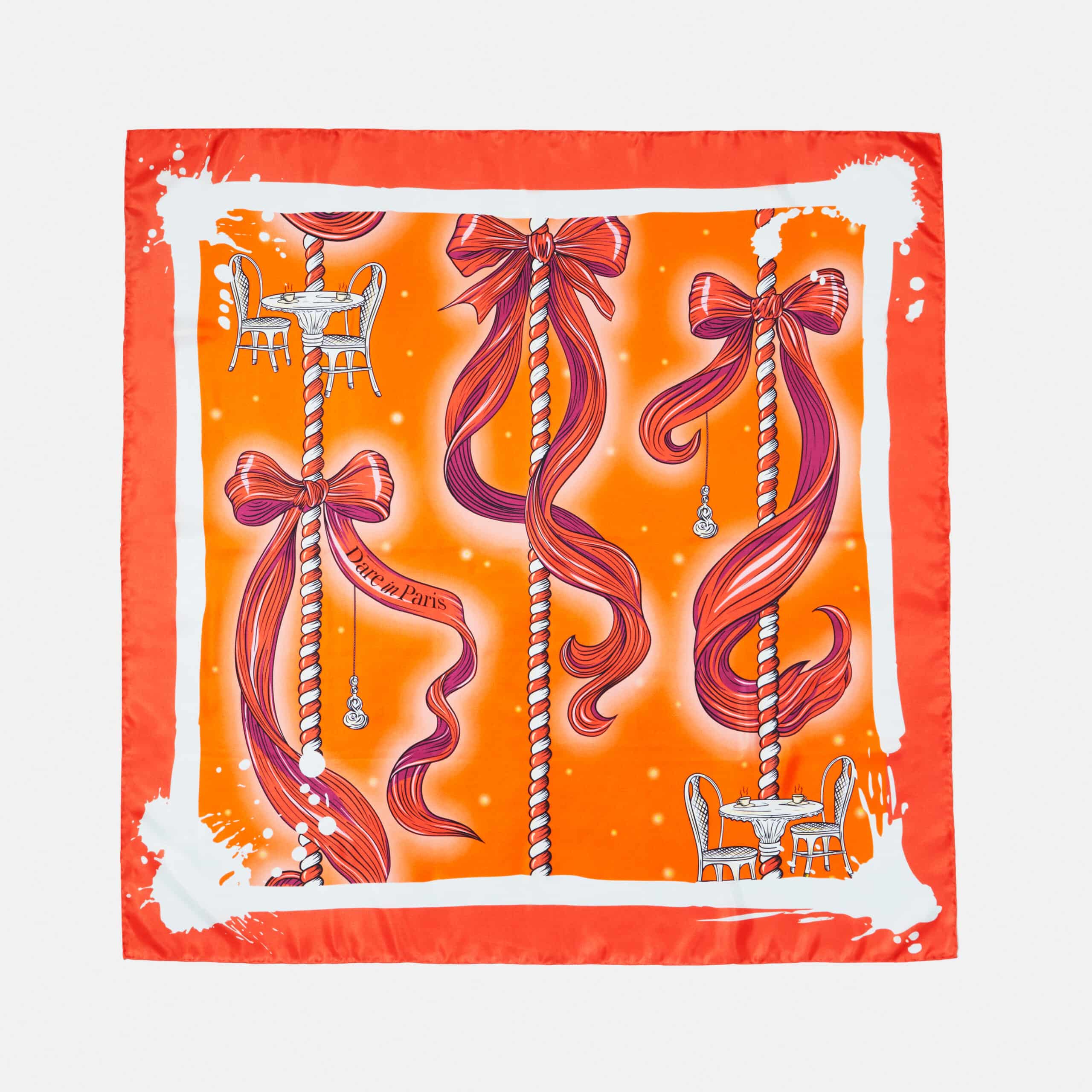 Carré de soie orange et rouge, motif rayures de carrousel