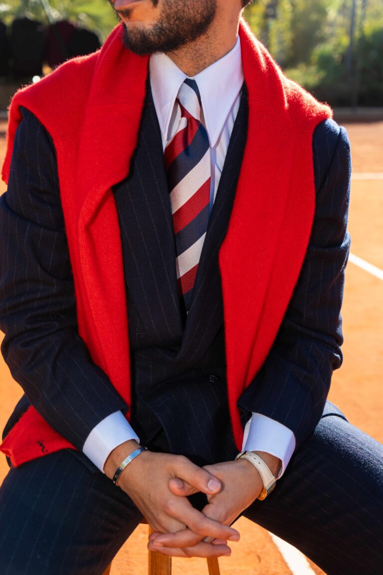 Cravate bleu rayée blocs - Soie tissée 3 plis artisanale