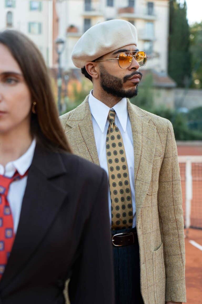 Cravate marron clair - Soie imprimée madder - 7 plis artisanale