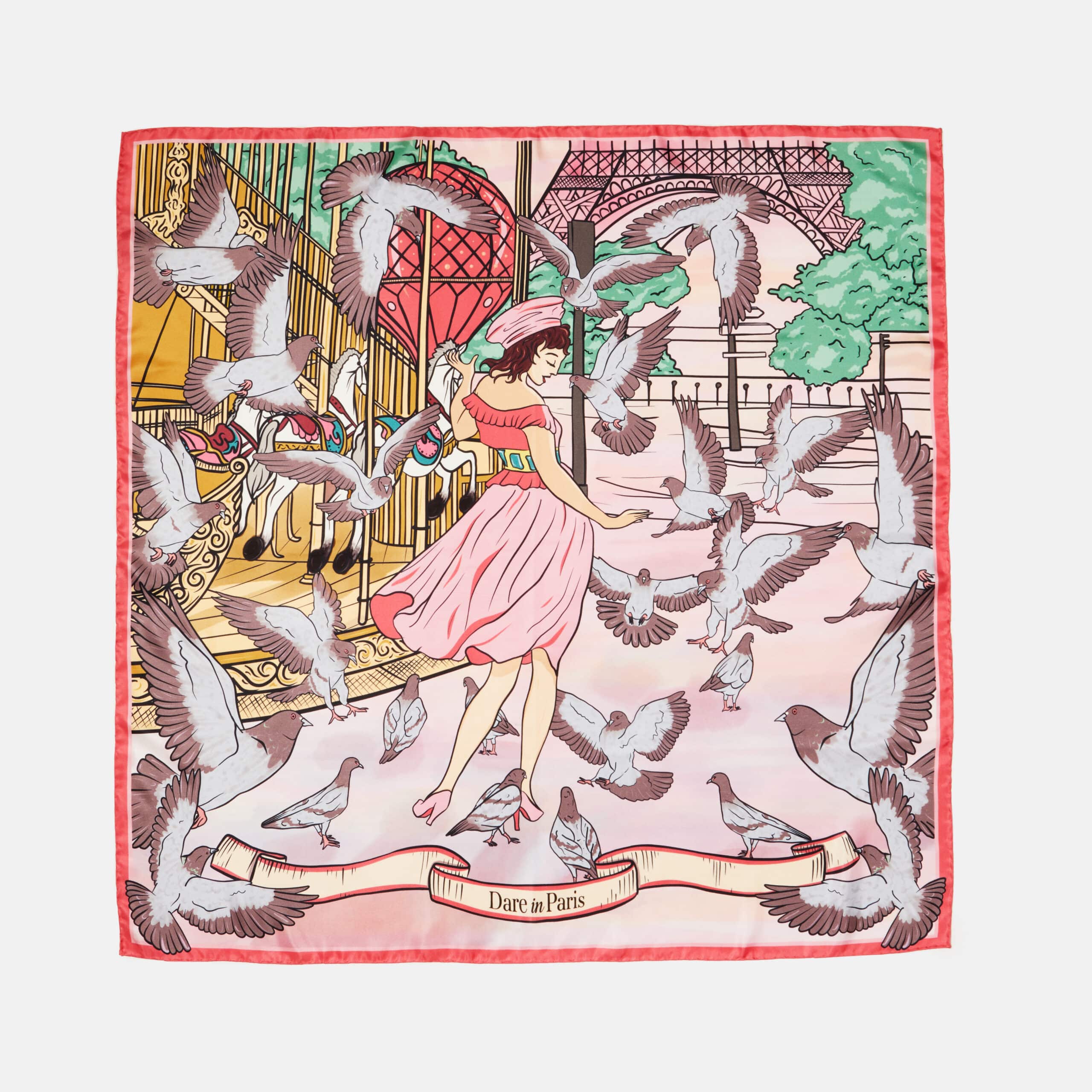 Carré de soie rose & rouge, Valse des colombes