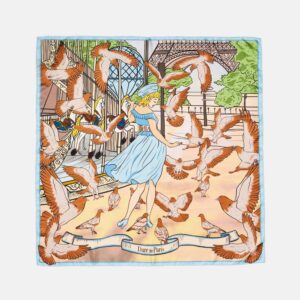 Carré de soie marron & bleu, Valse des colombes – Fait main à Paris