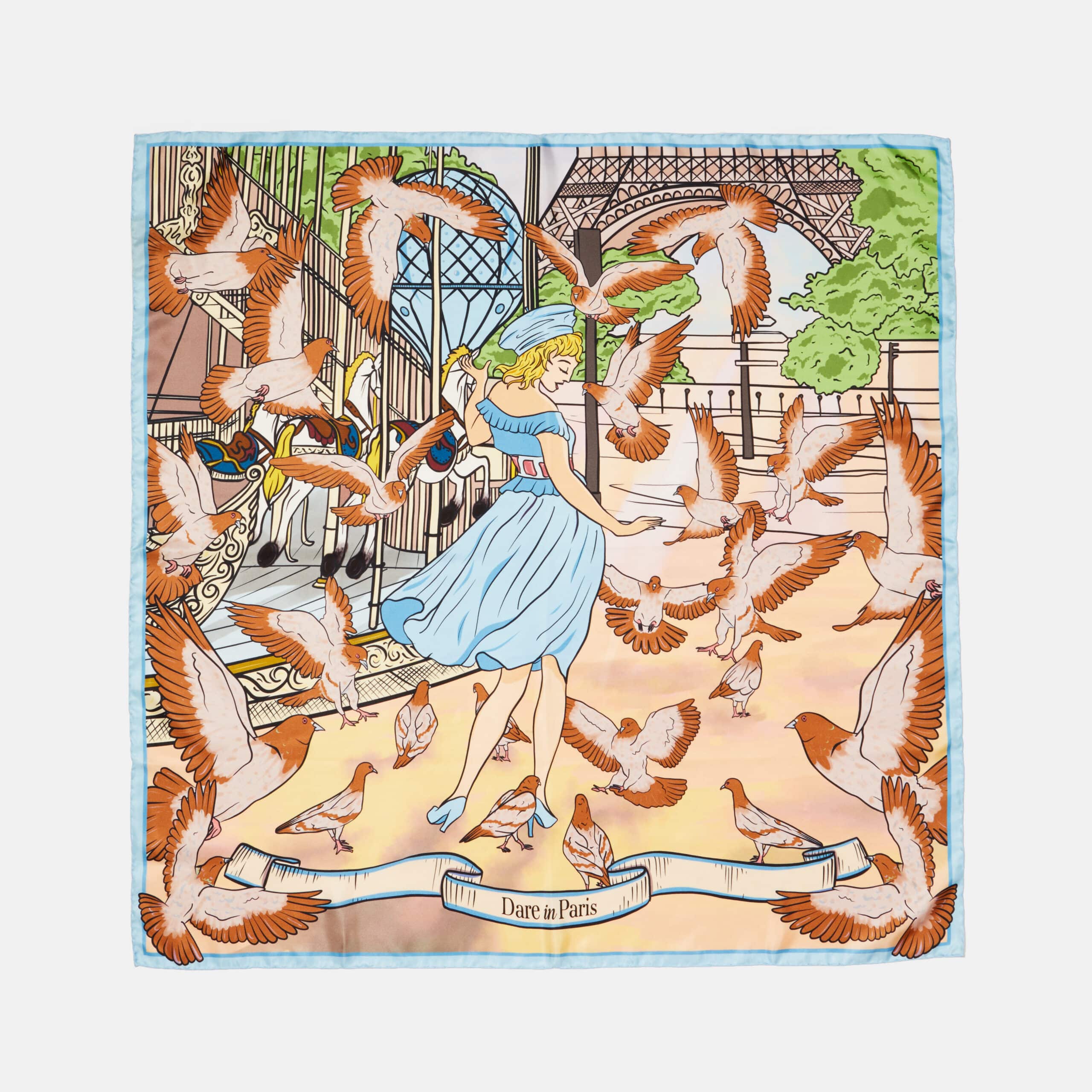 Carré de soie marron & bleu, Valse des colombes