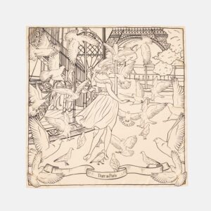 Carré de soie noir & blanc cassé, Valse des colombes – Fait main à Paris