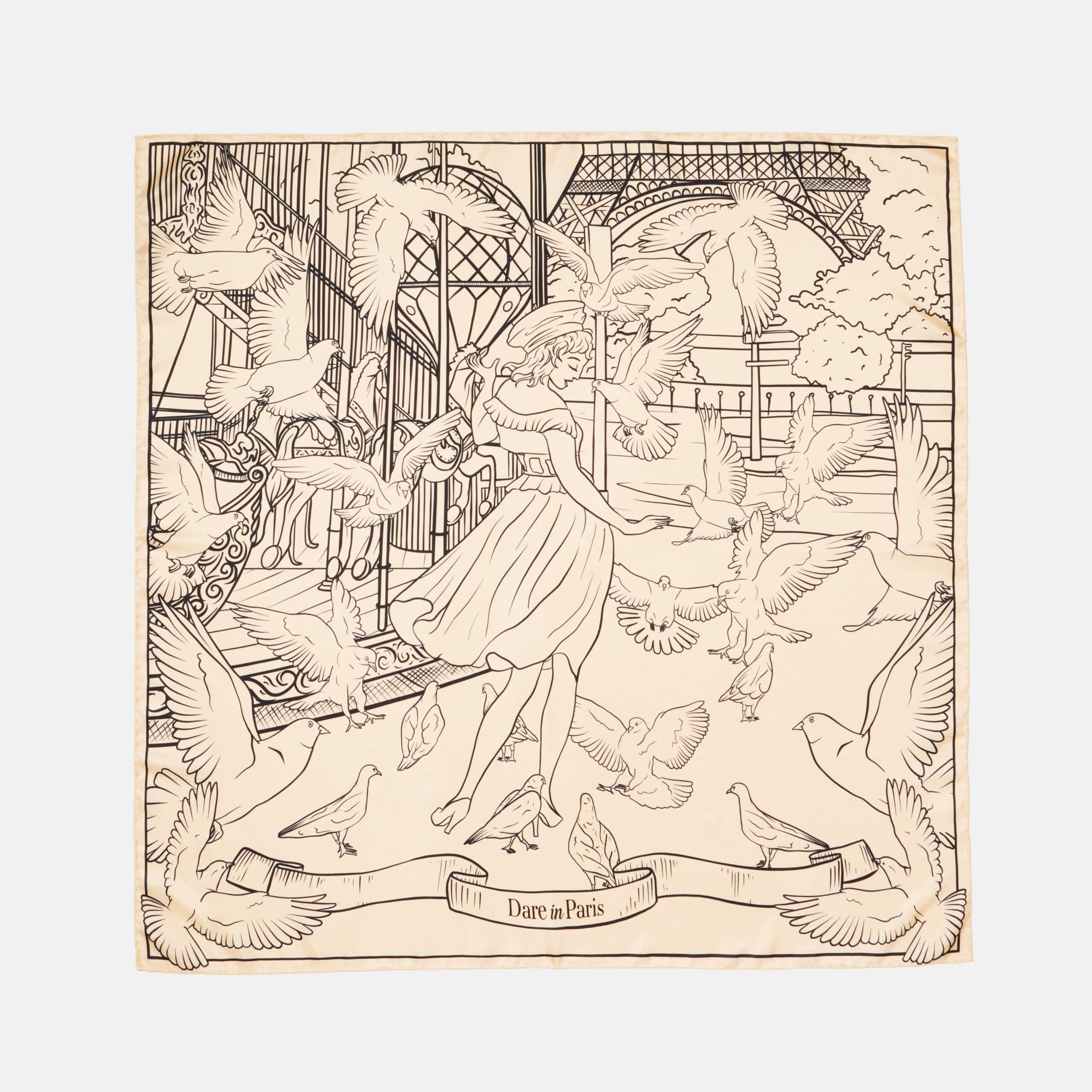 Carré de soie noir & blanc cassé, Valse des colombes