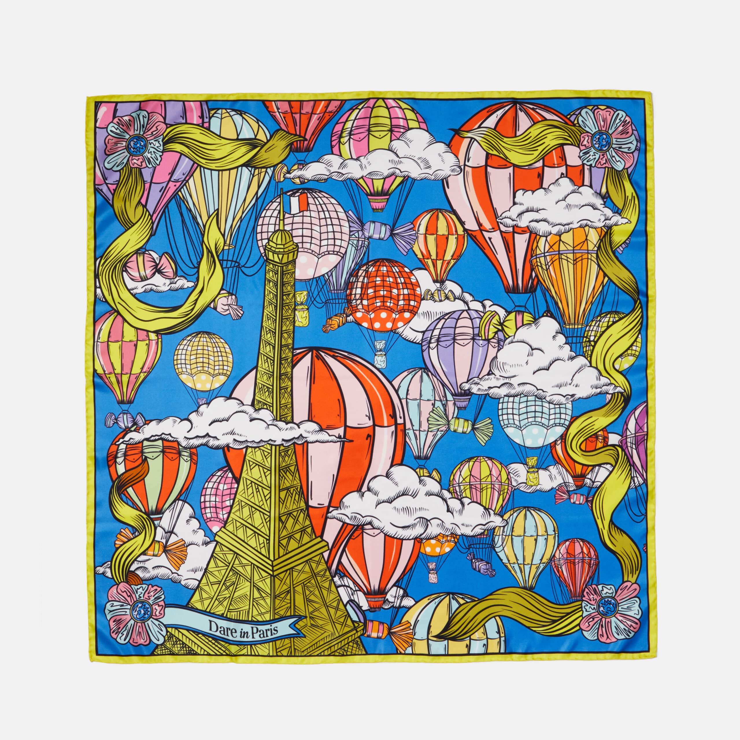 Foulard soie haut de gamme bleu & jaune, L'Envol des gourmandises