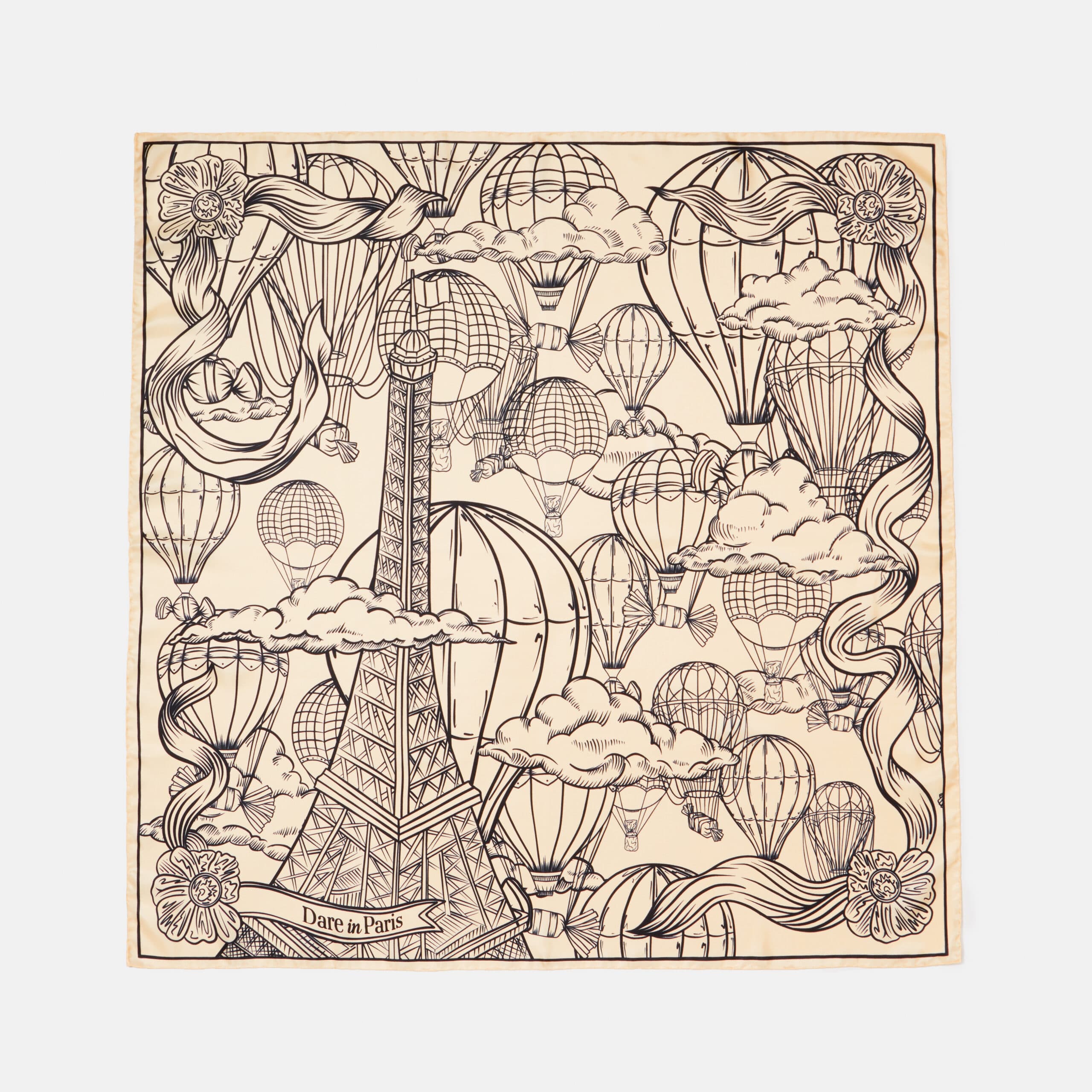 Carré de soie élégant noir & blanc cassé, L'Envol des gourmandises