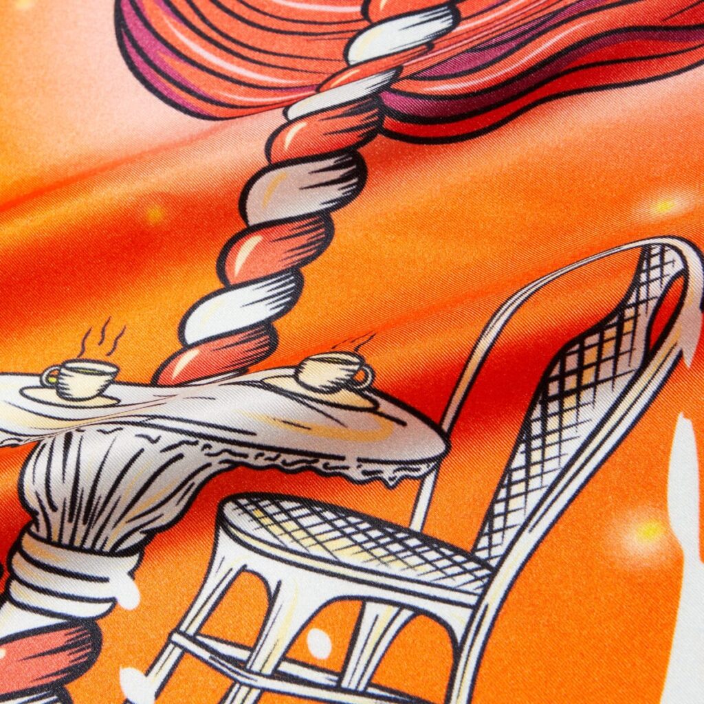 Carré de soie orange & rouge, Rayures de carrousel, détail du motif imprimé, Dare in Paris