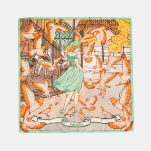 Carré de soie orange & vert, Valse des colombes – Fait main à Paris
