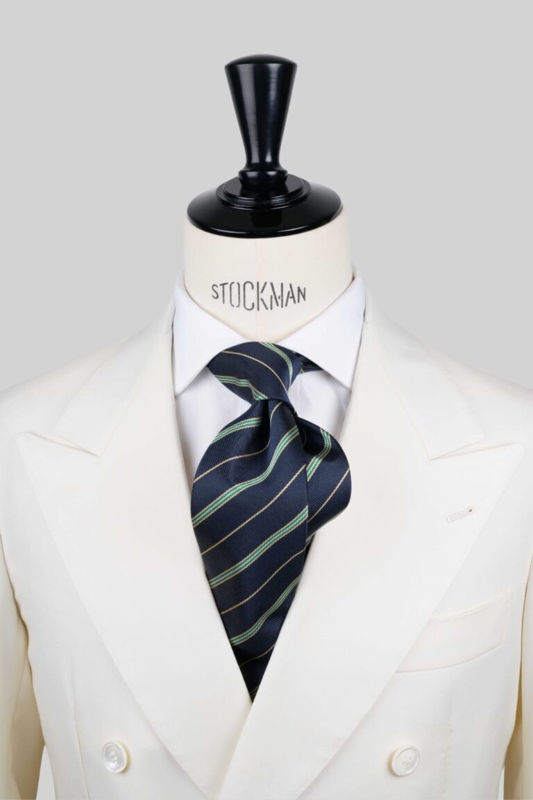 Cravate sartoriale à 3 plis, soie tissée bleu marine, rayée vert et doré