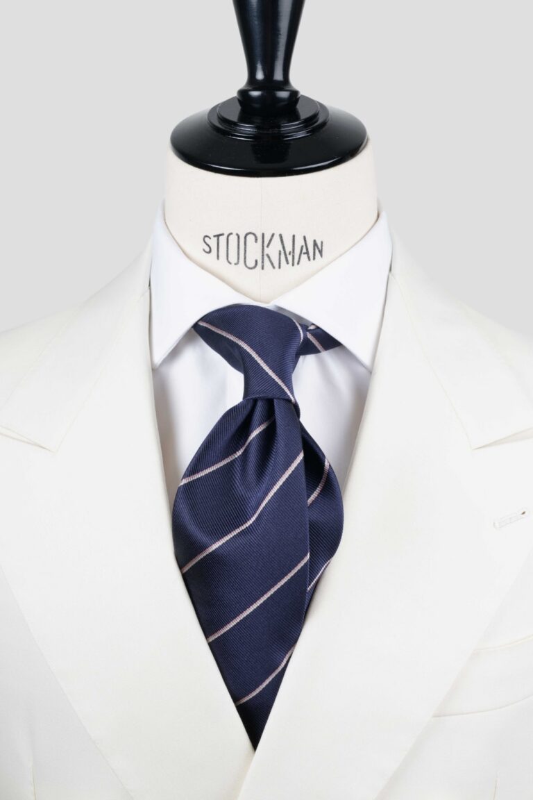 Cravate bleu foncé à rayures – Soie tissée 3 plis artisanale