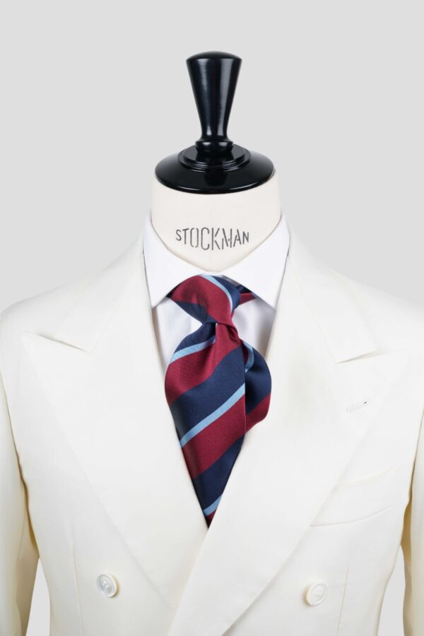 Cravate club bleu et rouge à rayures – Soie tissée 3 plis artisanale – Faite main à Paris