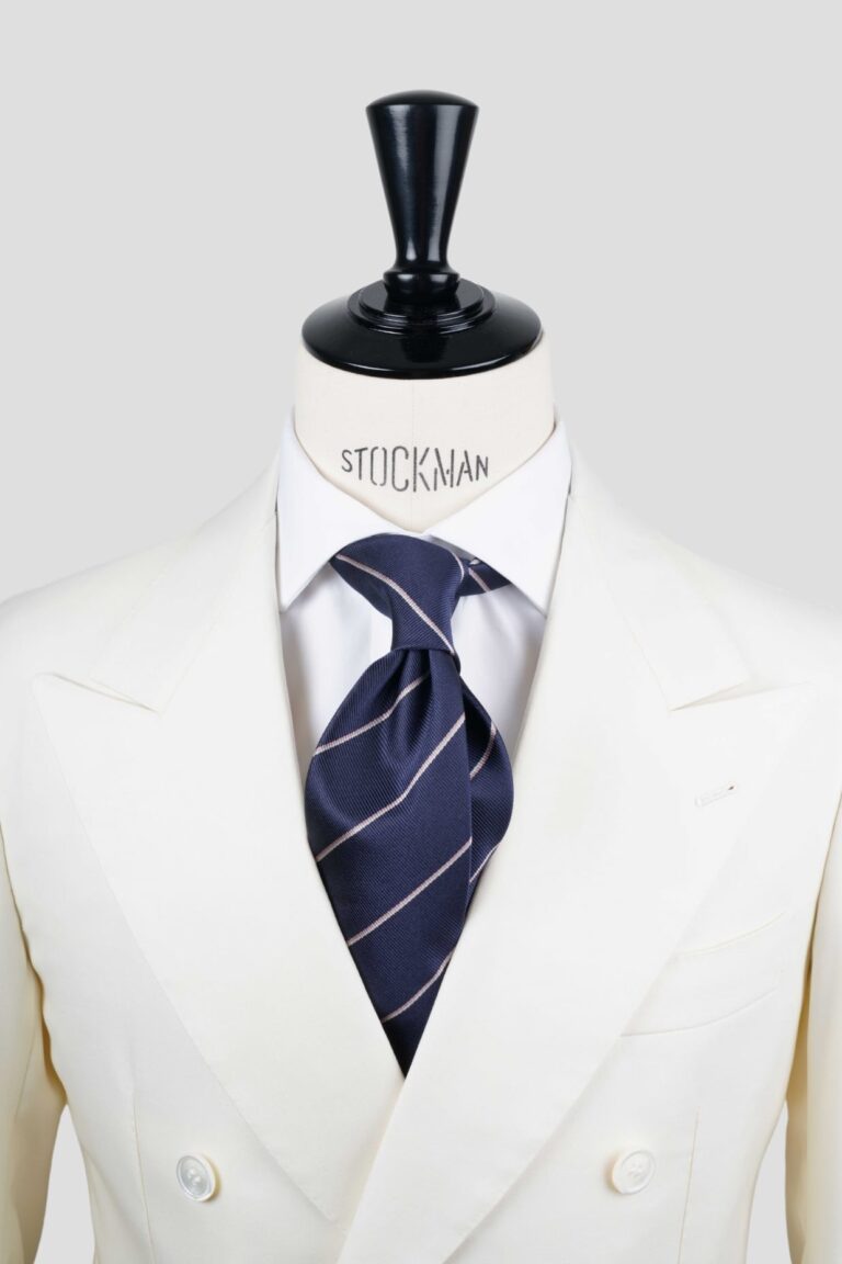 Cravate bleu foncé à rayures – Soie tissée 3 plis artisanale