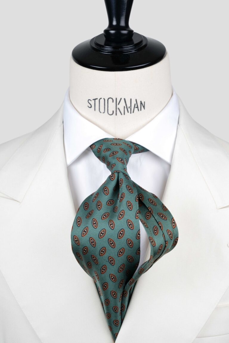 Cravate verte - Soie imprimée madder - 7 plis artisanale