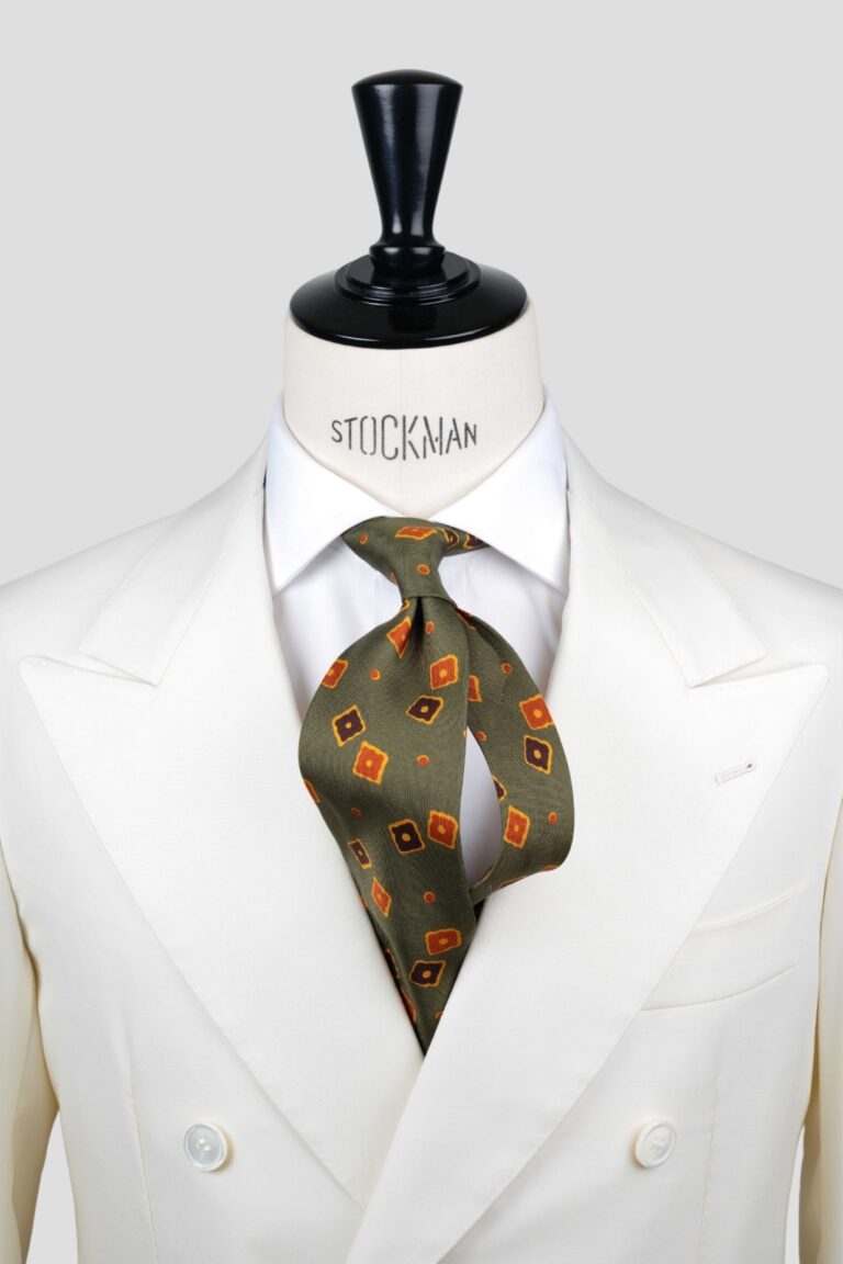 Cravate 7 plis verte - Soie imprimée madder - fait main en Italie