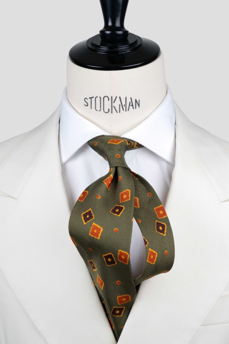 Cravate 7 plis verte - Soie imprimée madder - fait main en Italie