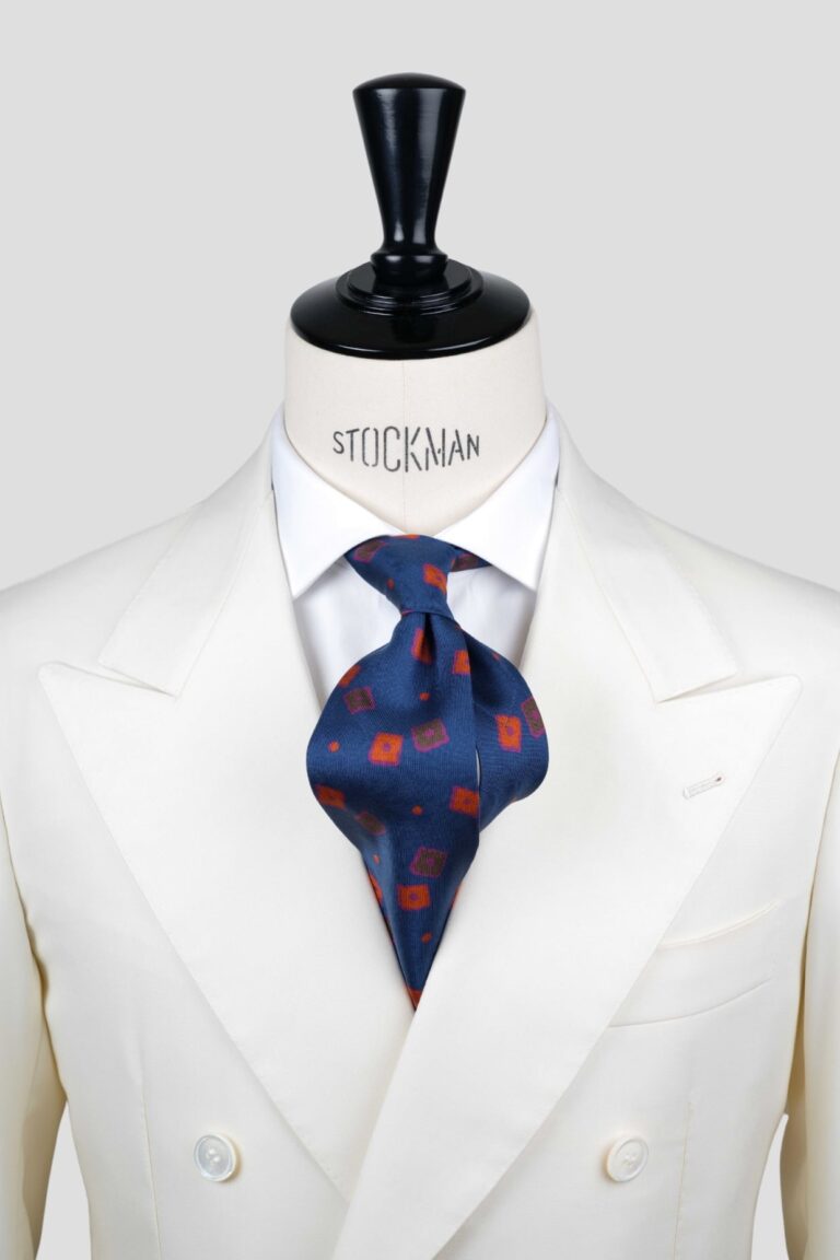 Cravate 7 plis bleu - Soie imprimée madder - fait main en Italie