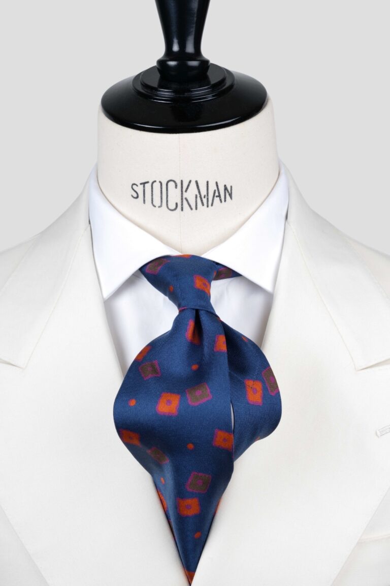 Cravate 7 plis bleu - Soie imprimée madder - fait main en Italie