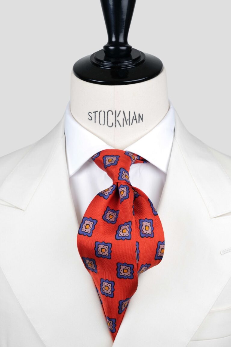 Cravate corail - Soie imprimée madder - 7 plis artisanale