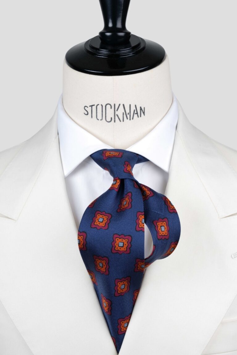 Cravate 7 plis bleu marine - Soie imprimée madder - fait main en Italie