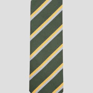 Cravate verte rayures jaune et bleu – Soie tissée 3 plis – Faite main à Paris