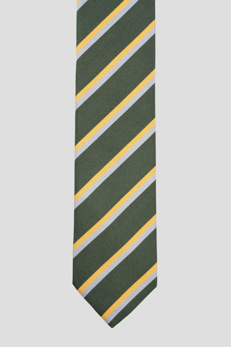 Cravate verte rayures jaune et bleu – Soie tissée 3 plis - Faite main à Paris