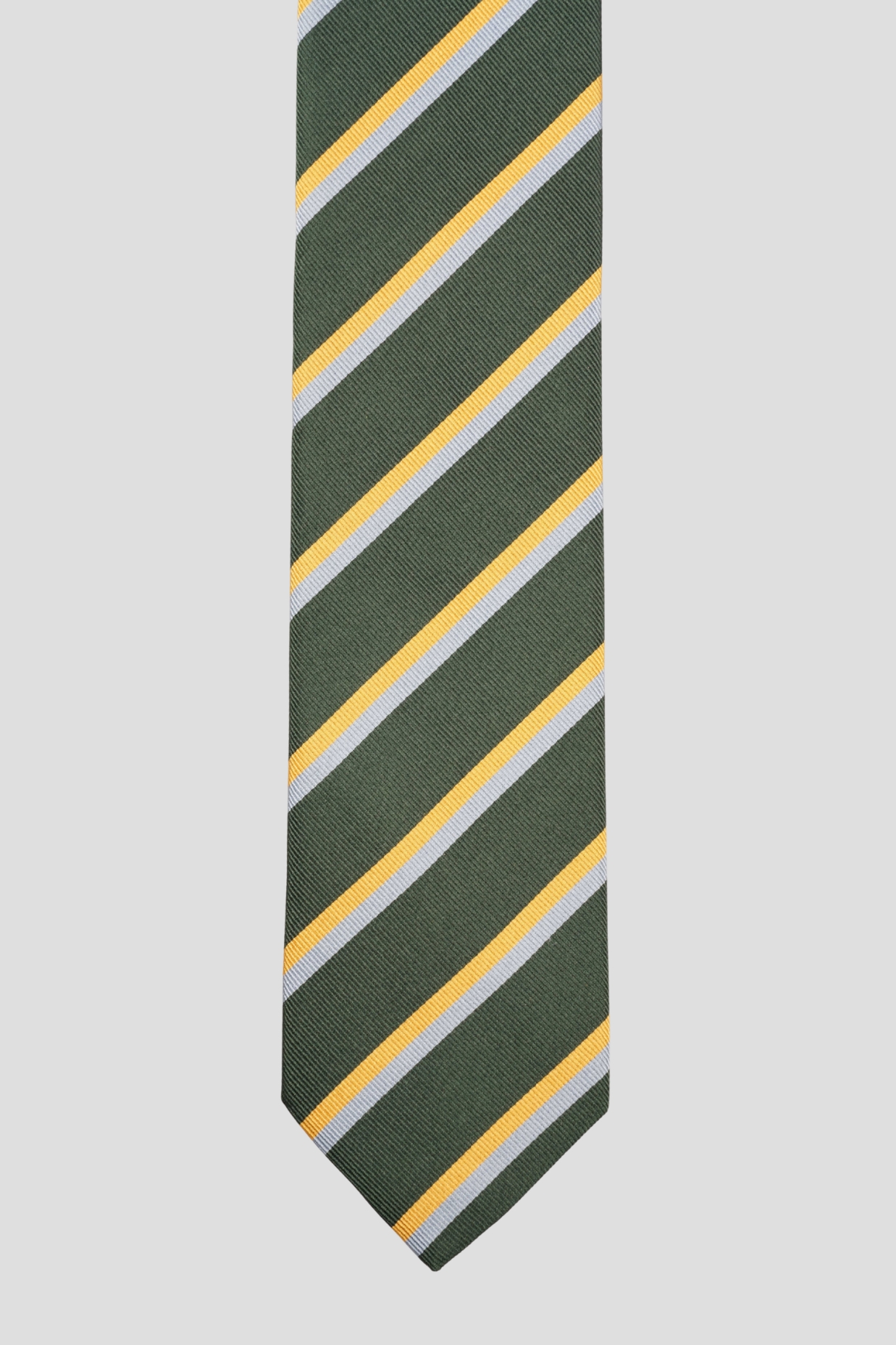 Cravate verte rayures jaune et bleu – Soie tissée 3 plis - Faite main à Paris