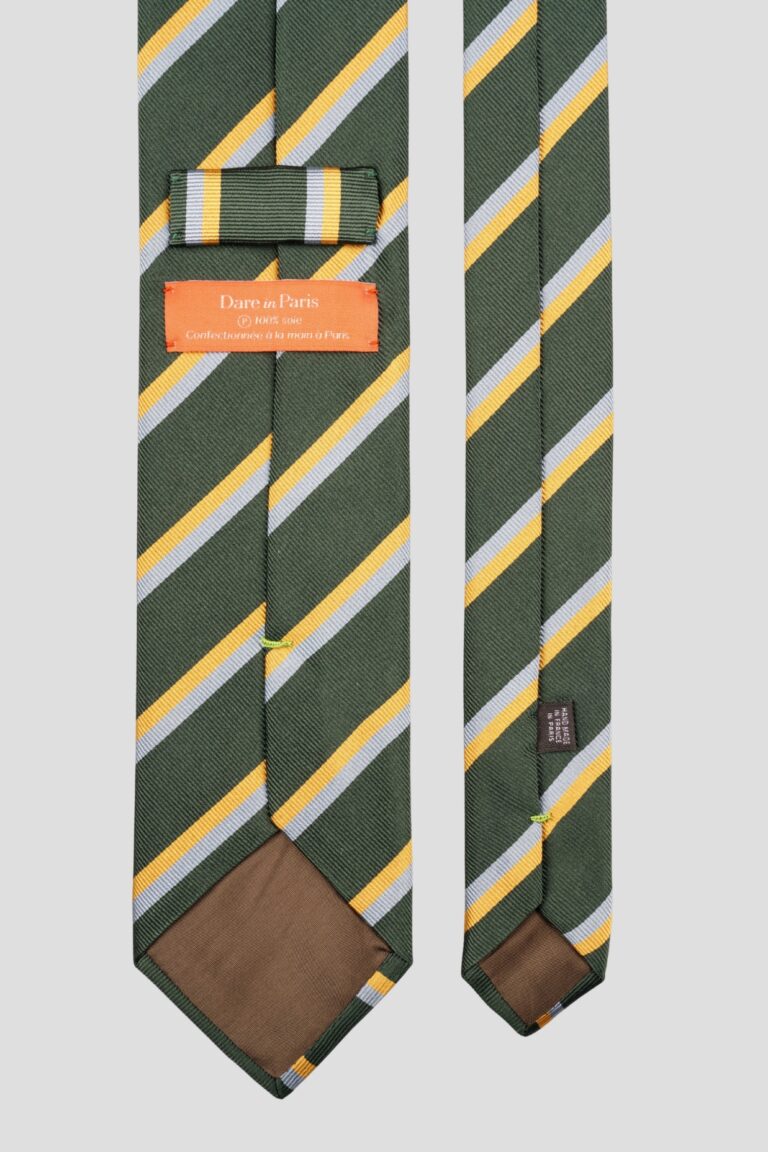 Cravate verte rayures jaune et bleu – Soie tissée 3 plis - Faite main à Paris