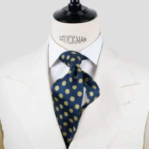 Cravate bleu marine à pois jaune – Soie imprimée 3 plis artisanale – Faite main à Paris
