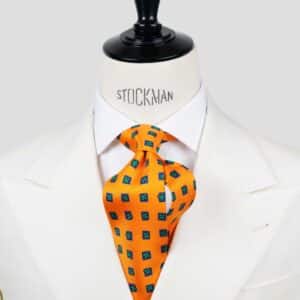 Cravate orange à motifs – Soie imprimée 3 plis artisanale – Faite main à Paris
