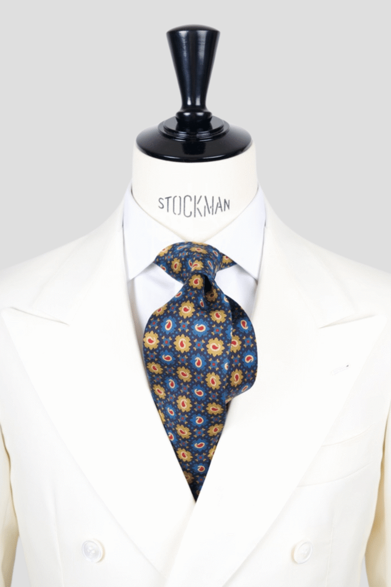 Cravate bleu motif cachemire - Soie imprimée 3 plis artisanale