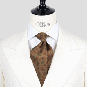 Cravate kaki motif cachemire – Soie imprimée 3 plis artisanale