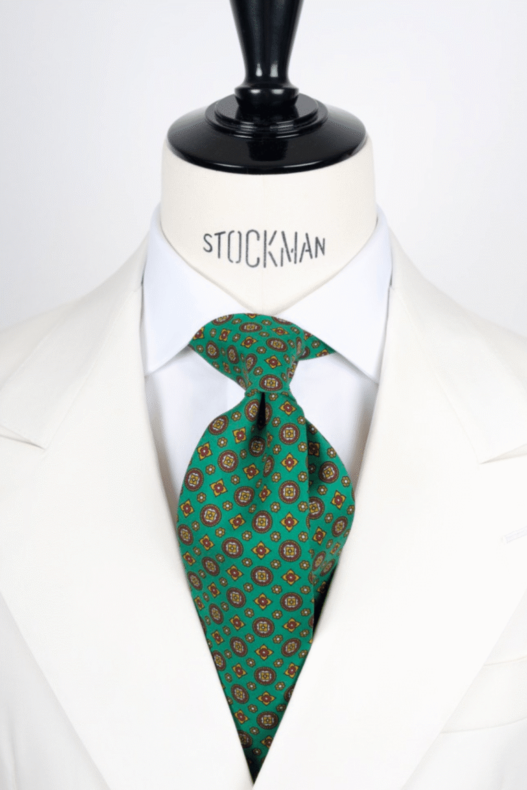 Cravate verte motif géométrique - Soie imprimée 3 plis artisanale