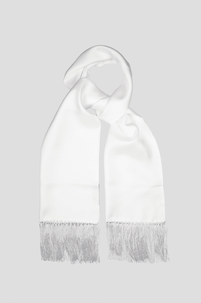 White tuxedo scarf, plain pure silk satin, hand-sewn fringes, Dare in Paris