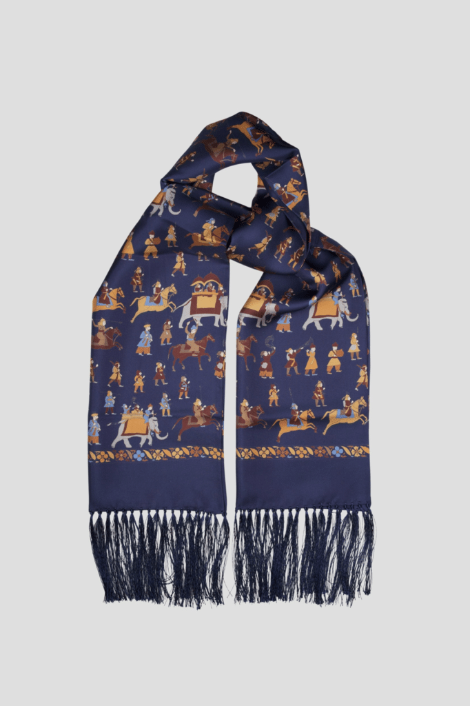 Navy men's silk scarf, figurative print, hand-sewn fringes, Dare in Paris