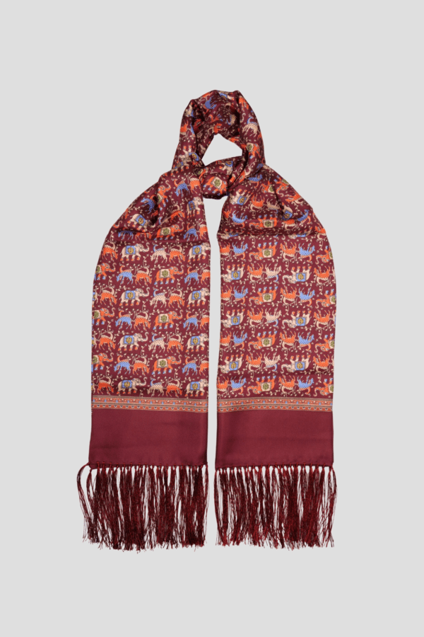 Burgundy men’s silk scarf, elephant print – Handmade in Italy