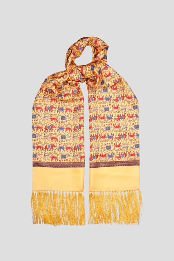 Yellow men’s silk scarf, elephant print – Handmade in Italy