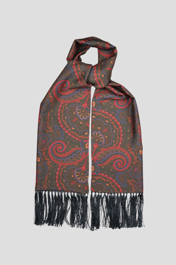 Khaki green men’s silk scarf, paisley – Handmade in Italy