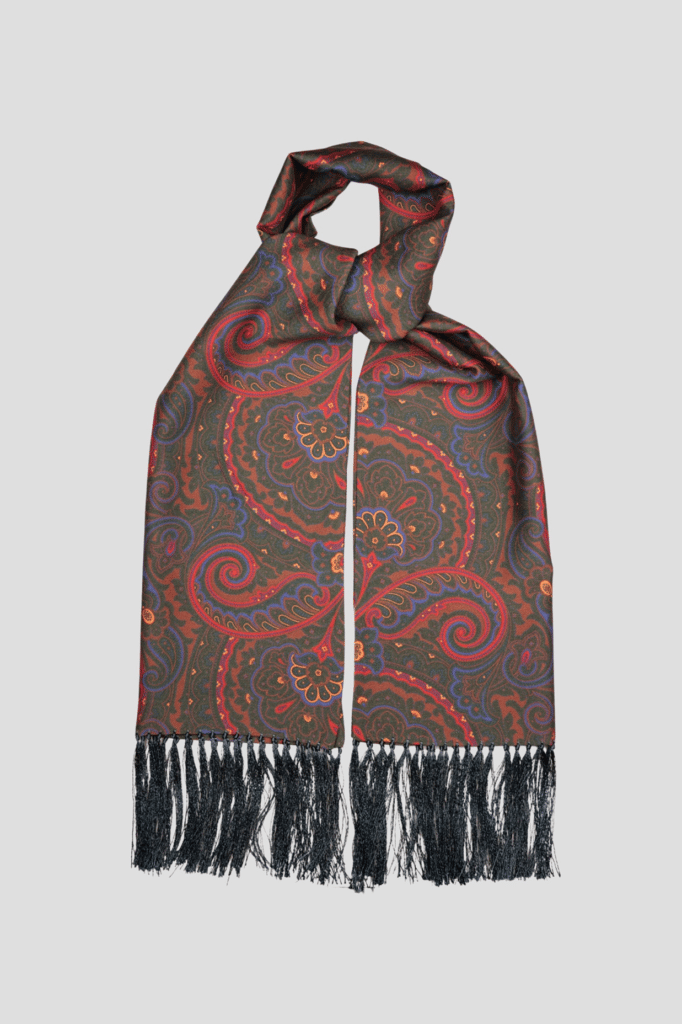 Khaki green men's silk scarf, paisley, hand-sewn fringes, Dare in Paris