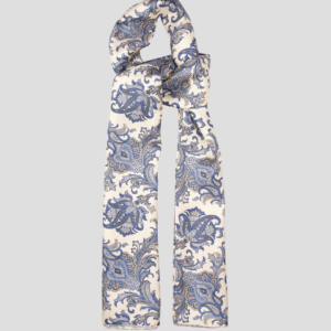 Echarpe tubulaire en soie blanc cassé, motif cachemire bleu et ocre – Confectionnée à Paris