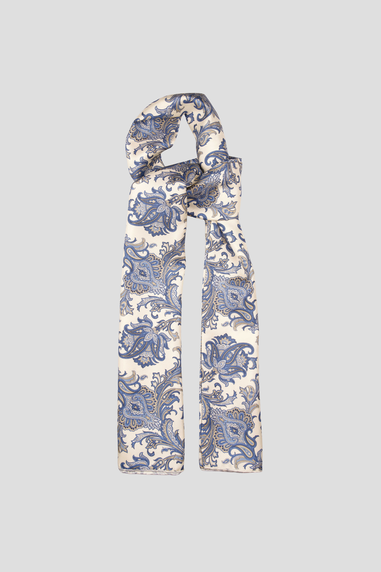 Echarpe tubulaire en soie blanc cassé, motif cachemire bleu et ocre – Confectionnée à Paris