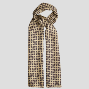 Echarpe tubulaire, soie ivoire, motif géométrique, bleu rouge et jaune – Confectionnée à Paris