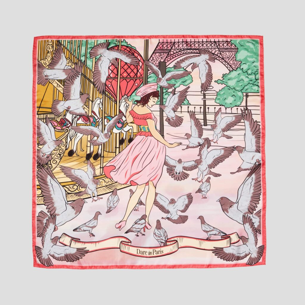 Carré de soie rose et rouge, Valse des colombes, carré présenté à plat, Dare in Paris
