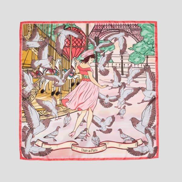 Carré de soie rose et rouge, Valse des colombes, carré présenté à plat, Dare in Paris